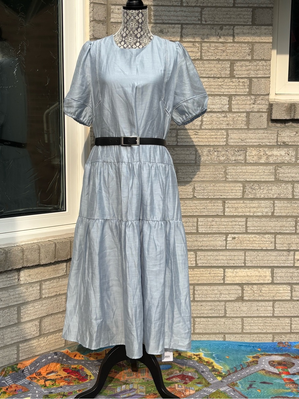 Soft Light Blue Tiered Maxi Dress with Short Puff Sleeves